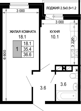 1-комн., 35.4 м², 14/16 этаж, ЖК «Дыхание»