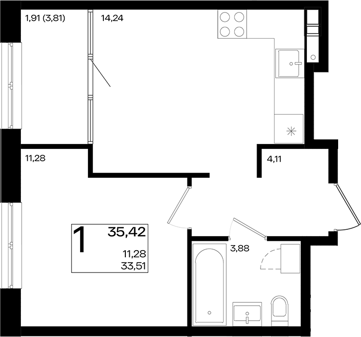 2-комн., 33.51 м², 9/9 этаж, ЖК «Патрики»