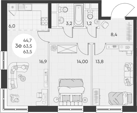 3-комн., 63.5 м², 2/14 этаж, ЖК «Грин Эппл»