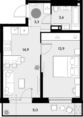 1-комн., 35.7 м², 7/18 этаж, ЖК «Грейд»