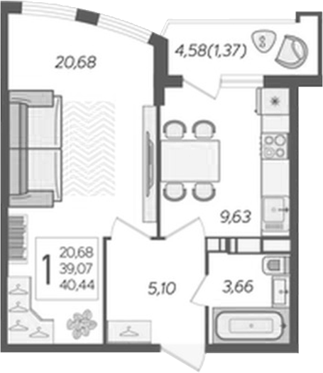 1-комн., 38.13 м², 3/20 этаж, ЖК «Альфа. АСК»