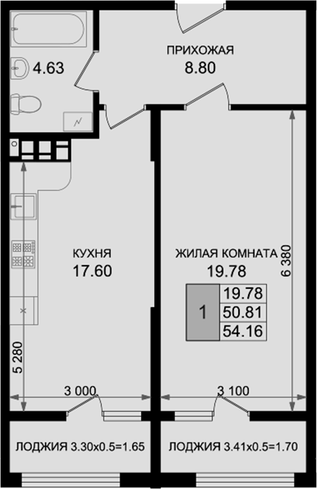 1-комн., 50.81 м², 3/8 этаж, ЖК «Резиденция морей»