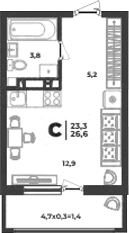 Студия, 21.9 м², 8/9 этаж, ЖК «Лето»