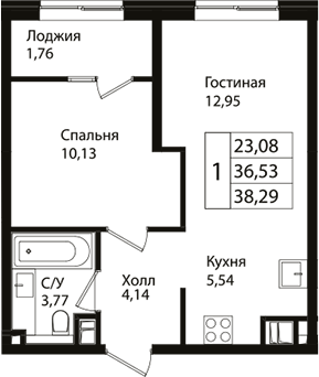 2-комн., 36.53 м², 6/9 этаж, ЖК «Патрики»