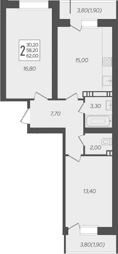 2-комн., 58.2 м², 1/6 этаж, ЖК «Ярославский»