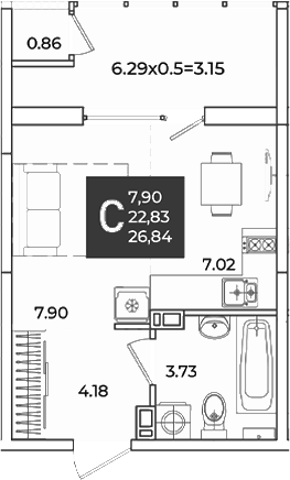 Студия, 22.83 м², 4/18 этаж, ЖК «Образцово»