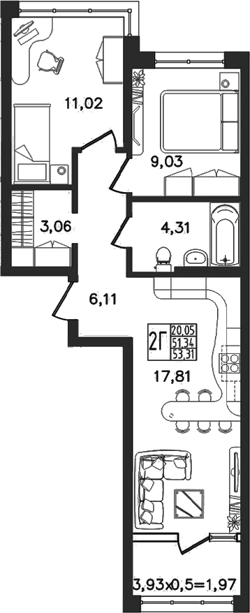 3-комн., 51.34 м², 2/16 этаж, ЖК «Яблоневый»