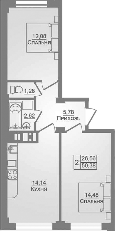 2-комн., 50.38 м², 2/9 этаж, ЖК «Портрет»