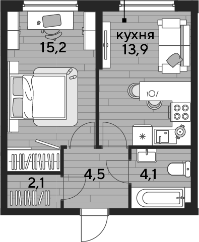 1-комн., 39.8 м², 2/16 этаж, ЖК «DОГМА ПАРК»