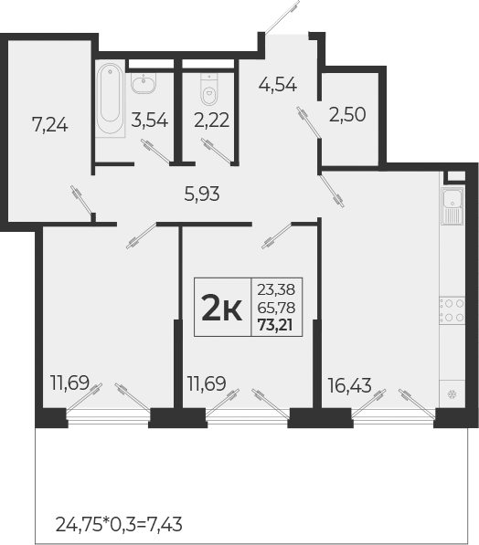 3-комн., 65.78 м², 1/9 этаж, ЖК «Высочество»