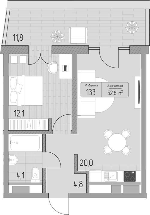 2-комн., 41 м², 3/9 этаж, ЖК «Морелло»