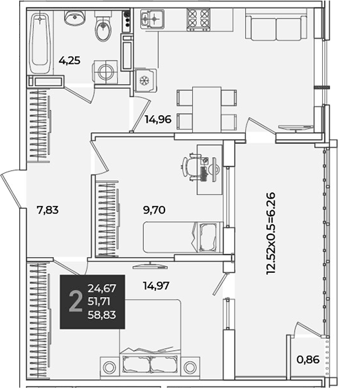 2-комн., 52.57 м², 17/18 этаж, ЖК «Образцово»