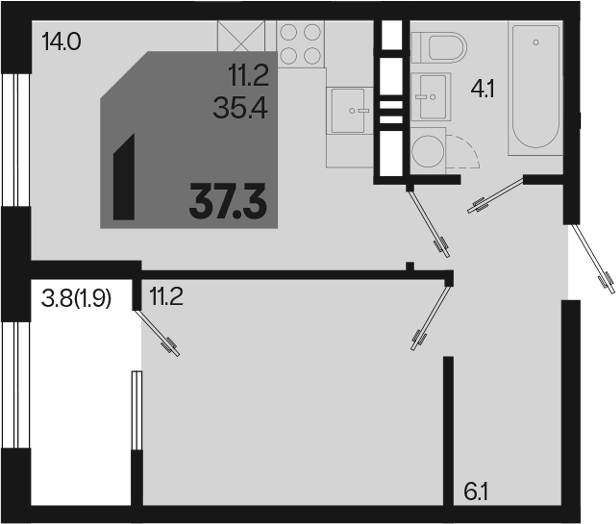 1-комн., 35.4 м², 6/9 этаж, ЖК «Первое место»