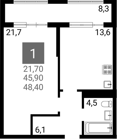 1-комн., 45.9 м², 13/16 этаж, ЖК «Горгиппия Морская. ОБД-Инвест»