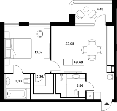 1-комн., 45.25 м², 6/6 этаж, ЖК «Гостиничный комплекс Белые ночи»