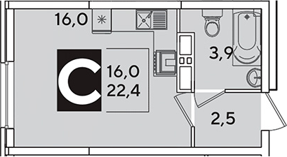 Студия, 22.4 м², 12/16 этаж, ЖК «Самолет»