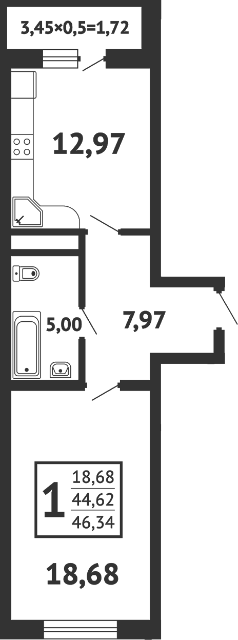 1-комн., 44.62 м², 12/12 этаж, ЖК «Кутузовский. ООО К-2»