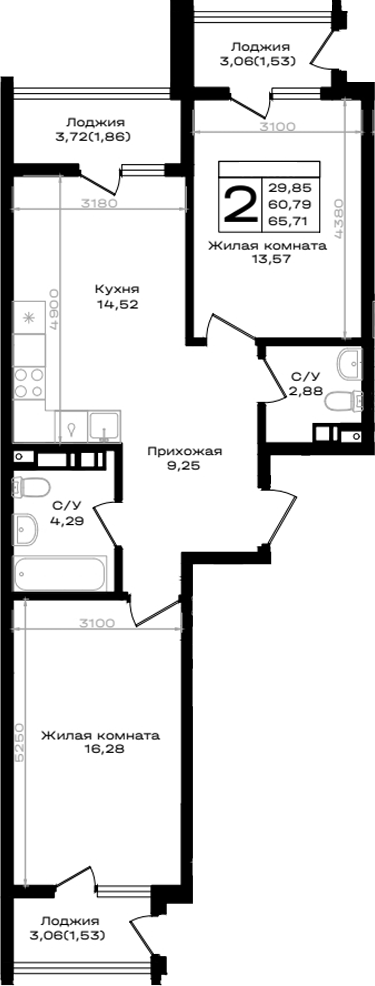 2-комн., 60.79 м², 4/9 этаж, ЖК «ЮЖНО»