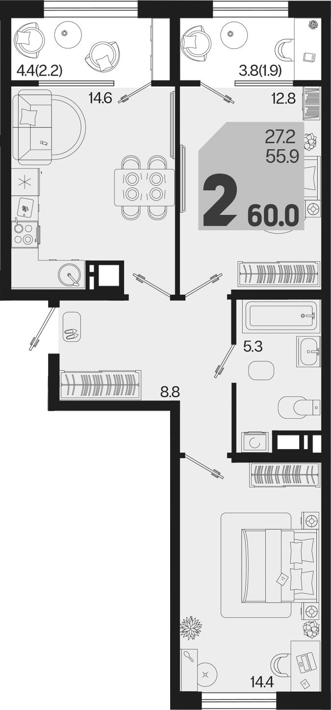 2-комн., 55.9 м², 6/9 этаж, ЖК «Первое место»