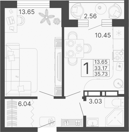 1-комн., 33.17 м², 2/20 этаж, ЖК «Светский лес»