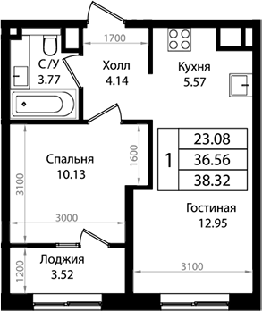 2-комн., 36.56 м², 2/9 этаж, ЖК «Патрики»