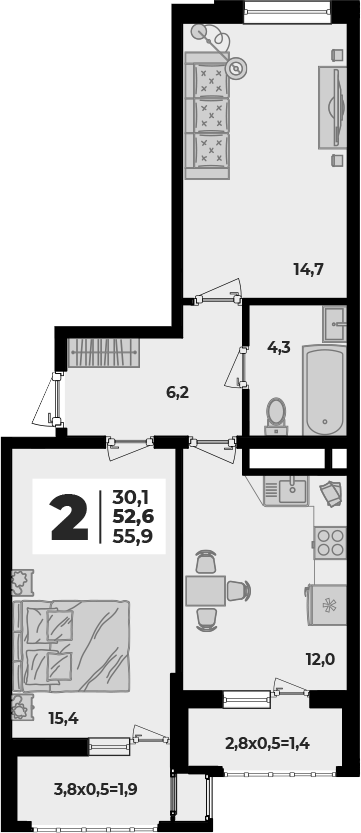 2-комн., 52.6 м², 2/8 этаж, ЖК «Родной дом 5»