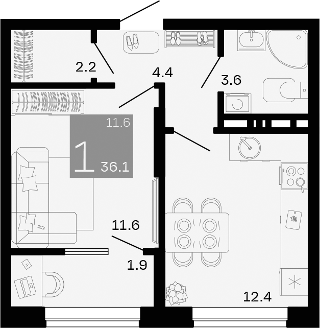 1-комн., 34.2 м², 5/9 этаж, ЖК «Хозяин Морей»