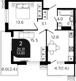 2-комн., 51 м², 13/23 этаж, ЖК «Отражение»
