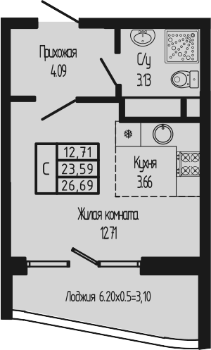 Студия, 23.59 м², 12/12 этаж, ЖК «Sun Hills Ольгинка»