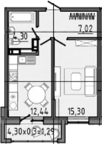 1-комн., 39.06 м², 6/16 этаж, ЖК «Спутник»