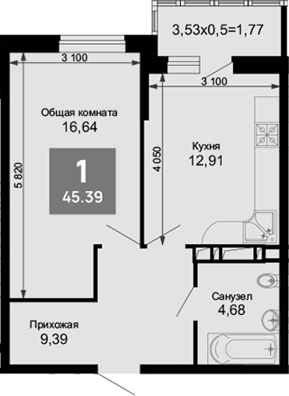 1-комн., 43.62 м², 9/15 этаж, ЖК «Лучший»