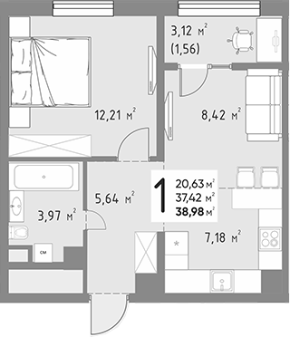 1-комн., 37.42 м², 6/9 этаж, ЖК «Коллекция»