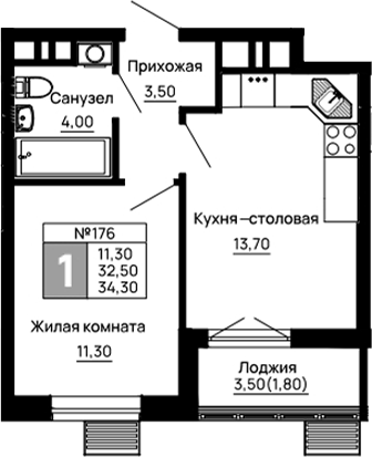 1-комн., 32.5 м², 4/11 этаж, ЖК «Традиции»