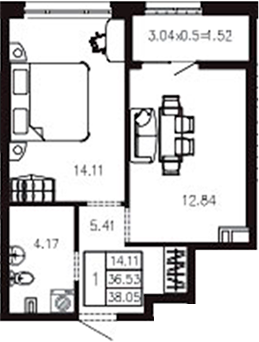 1-комн., 36.58 м², 2/9 этаж, ЖК «Суворов»