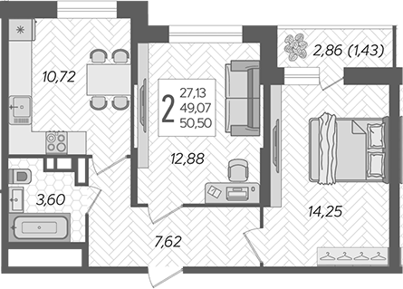 2-комн., 49.07 м², 11/16 этаж, ЖК «Смородина»