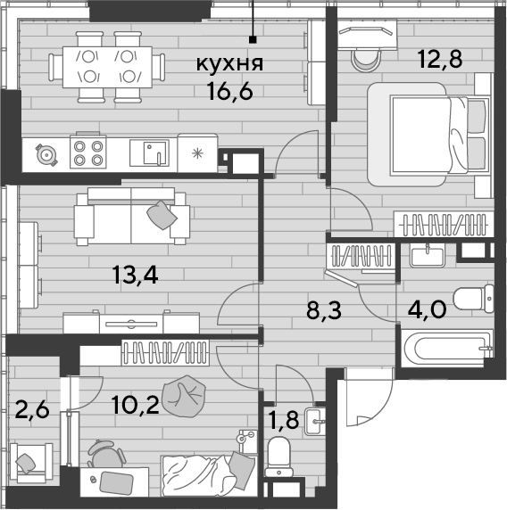 3-комн., 67.1 м², 15/16 этаж, ЖК «DОГМА ПАРК»