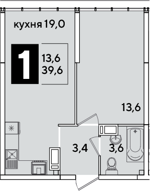 2-комн., 39.6 м², 16/16 этаж, ЖК «Самолет»