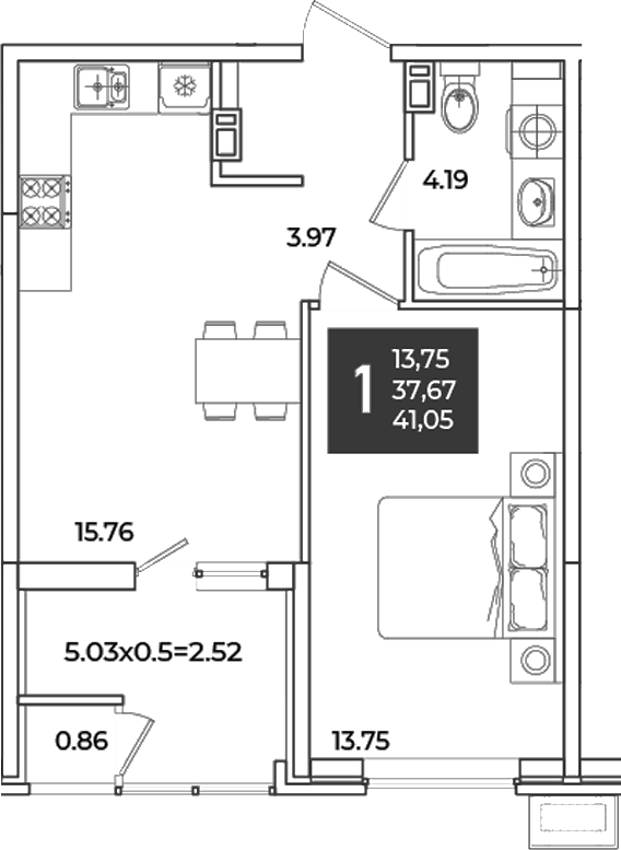 1-комн., 37.67 м², 5/18 этаж, ЖК «Образцово»