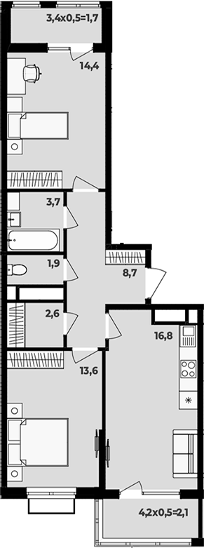 3-комн., 61.7 м², 10/16 этаж, ЖК «МегаСити»