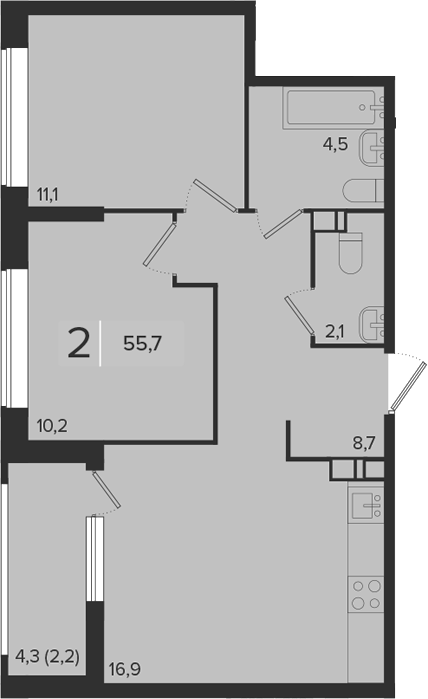 2-комн., 53.5 м², 3/18 этаж, ЖК «Эрмитаж»