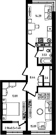3-комн., 57.74 м², 7/7 этаж, ЖК «Яблоневый»