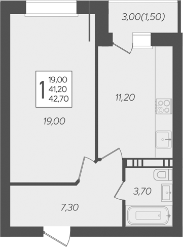 Продается 1-комн. квартира, 41.2 м²