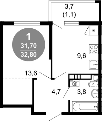 1-комн., 31.7 м², 17/17 этаж, ЖК «Лестория»