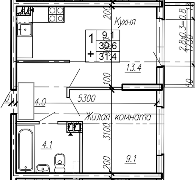 1-комн., 30.6 м², 4/4 этаж, ЖК «Эво»