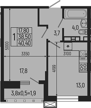1-комн., 38.5 м², 4/9 этаж, ЖК «Звезды»