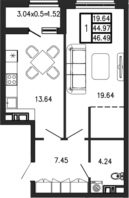 1-комн., 44.97 м², 7/7 этаж, ЖК «Суворов»