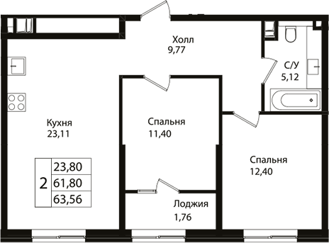 3-комн., 61.8 м², 3/9 этаж, ЖК «Патрики»