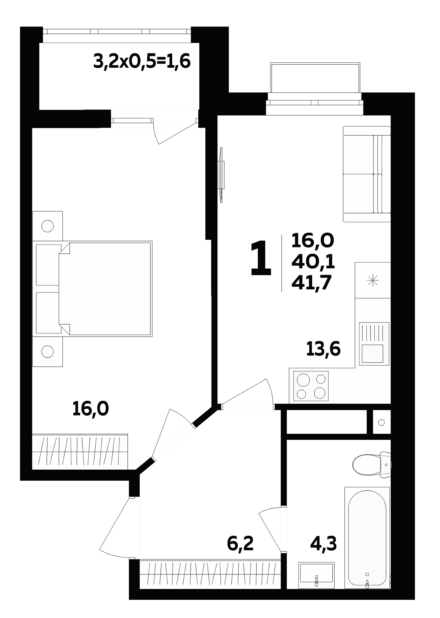 1-комн., 40.1 м², 6/16 этаж, ЖК «МегаСити»