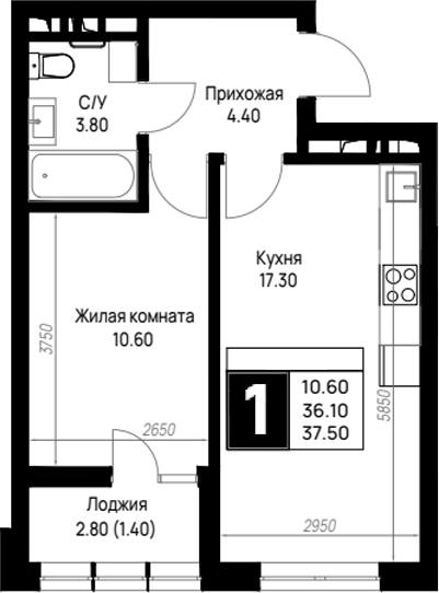 1-комн., 36.1 м², 2/9 этаж, ЖК «На высоком берегу»