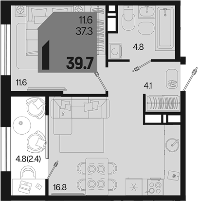 1-комн., 37.3 м², 12/18 этаж, ЖК «Первое место»
